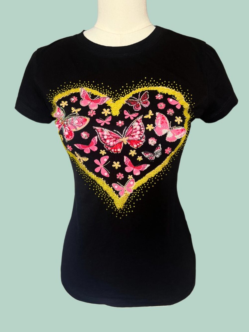 Vinizbena Rhinestone Butterfly Heart Black T-Shirt Medium